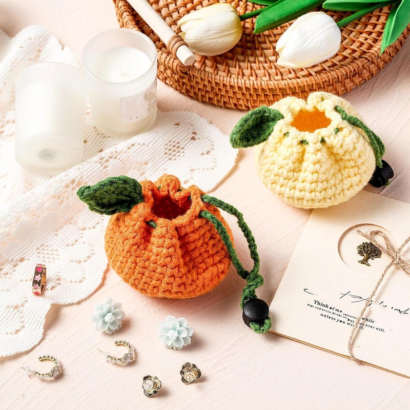 Lyrow Store 2 Pcs Small Crochet Purses Handmade Cute Coin Purse Tangerine Shaped Storage Bag Mini Drawstring Change Pouch Knitting Woven Wallet for Women Keychain Earbuds Dice, Orange and Yellow - Image 4